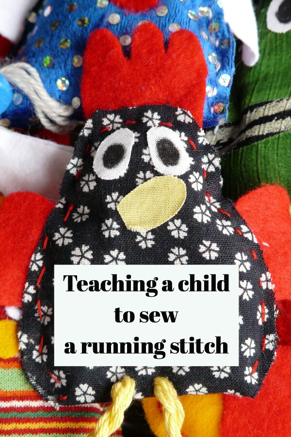 stuffed toy sewn by a child learning to sew a running stitch
